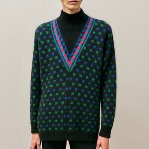 Vintage United Colors of Benetton Fuzzy Knit Sweater Black V Neck Multicolor